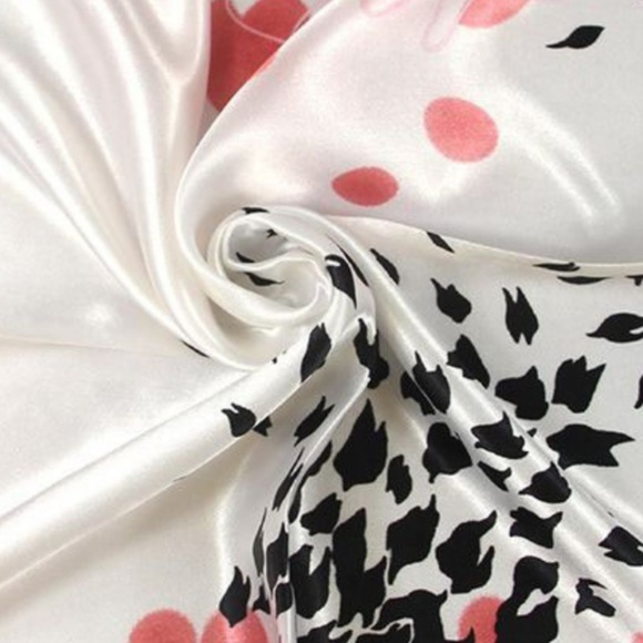 White Satin Pink Black Print Bandanna Handkerchief - Picture 3 of 5